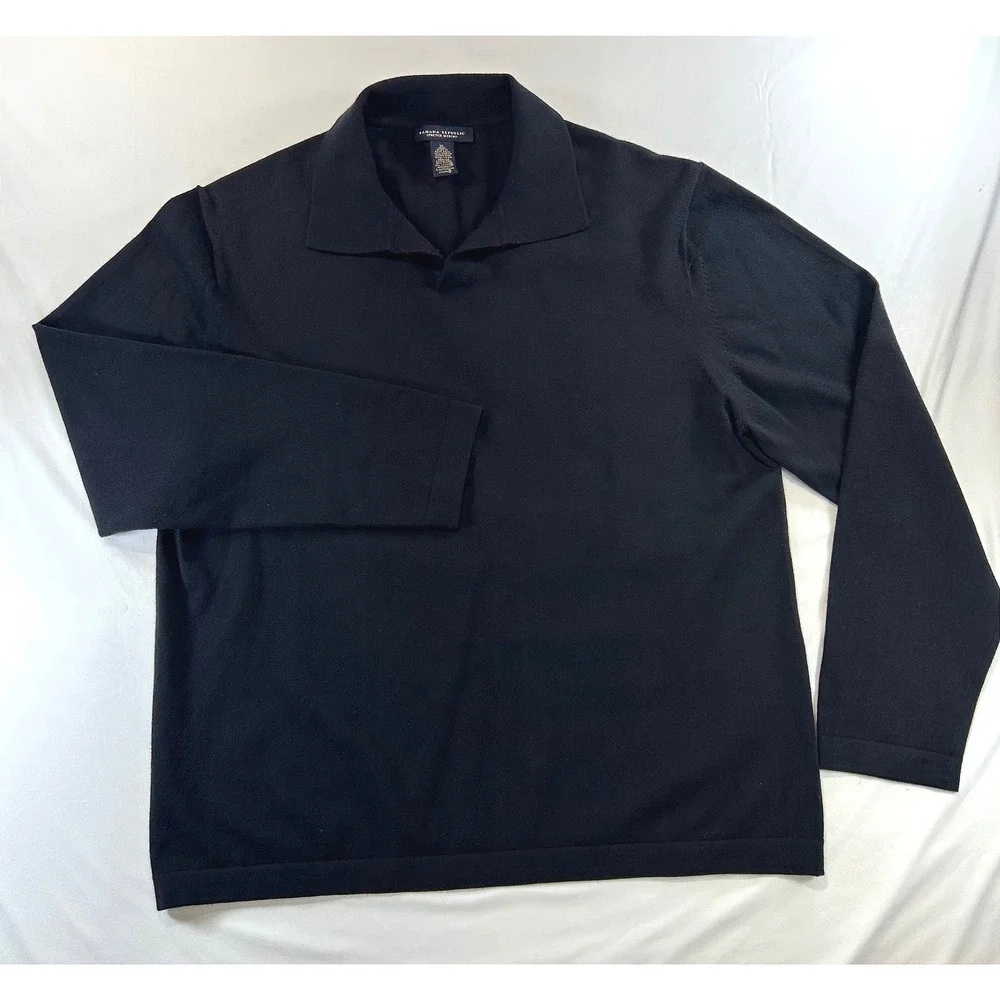 Old Money Banana Republic Dark Academia Merino Wool Polo Sweater XL Black